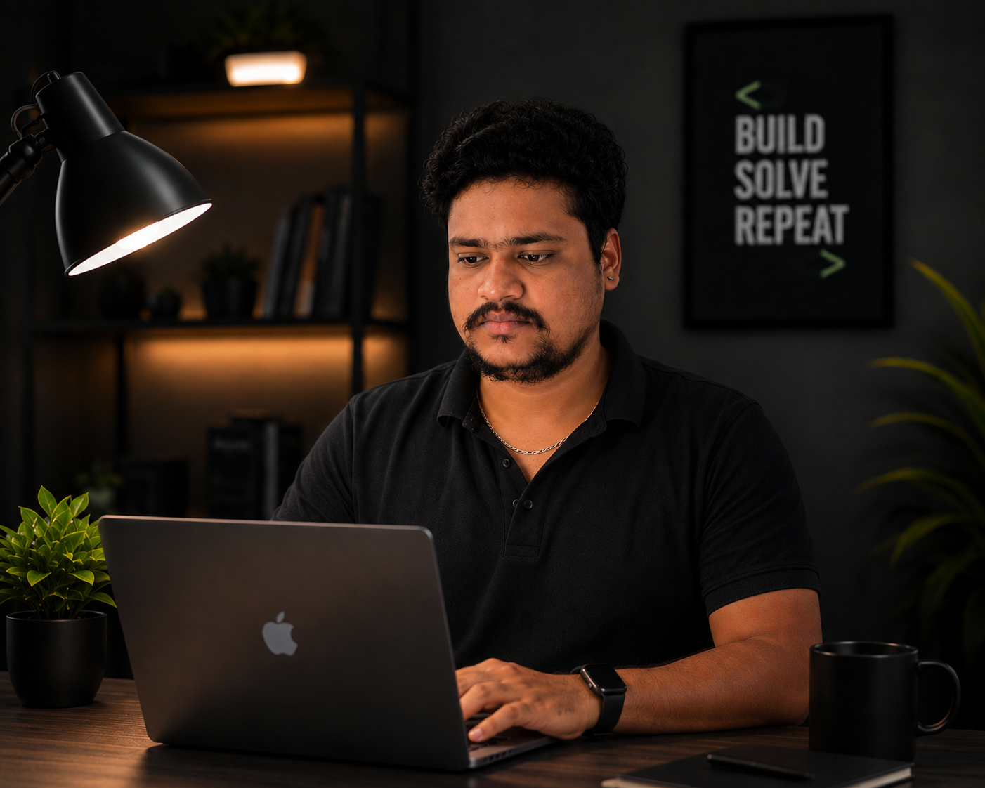 Meiyarasan working on a laptop